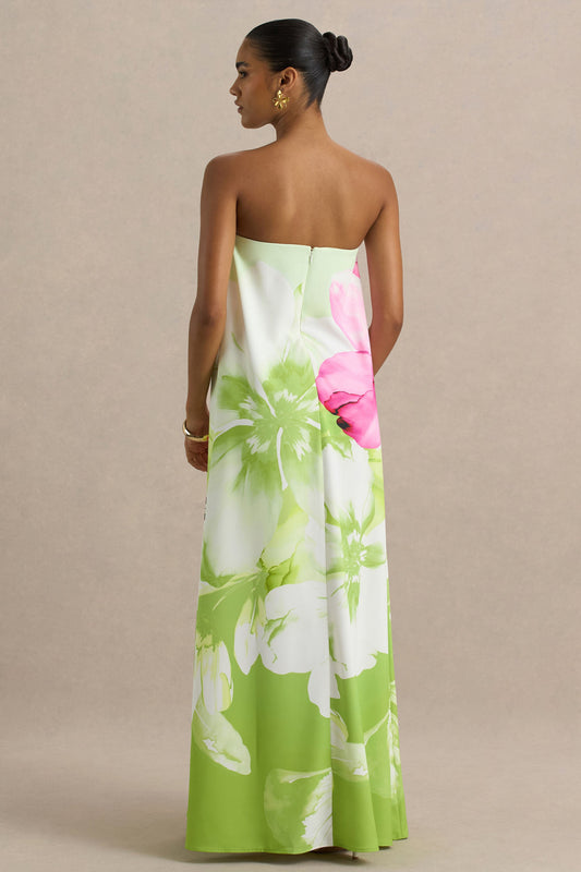 Ellery | Vestido largo estilo bandeau con estampado floral en color lima.