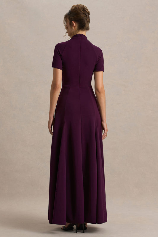 Alea | Vestido largo Burdeos con Escote Alto y Manga Corta