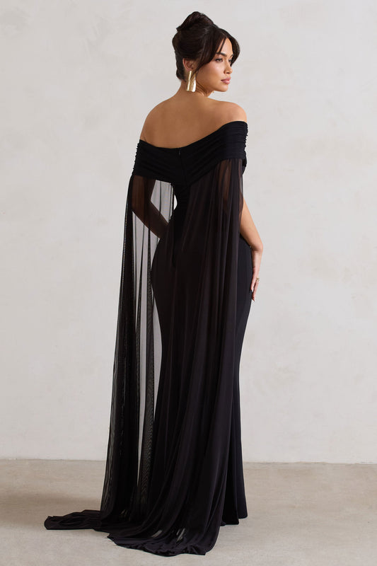 Carlotta | Vestido largo negro ajustado con capa de gasa y escote bardot