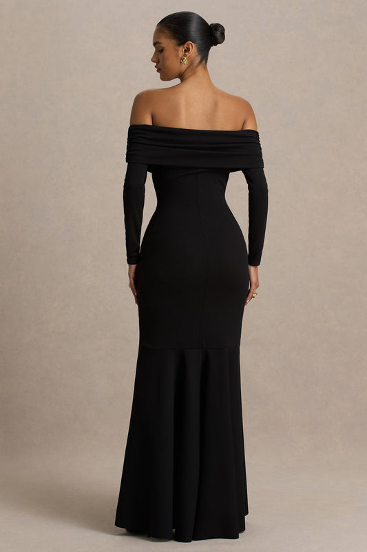 Everlasting | Vestido Largo Negro de Escote Bardot con Cintura Caída
