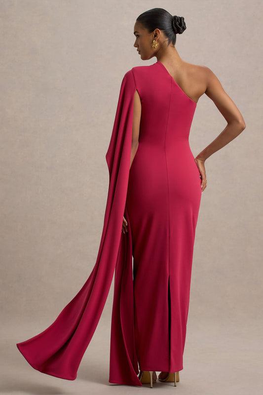 Lily | Vestido Largo Asimétrico Rosa Fucsia y Burdeos con Manga Capa