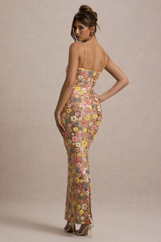 Vitora | Vestido largo con estampado floral en tonos pastel lentejuelas y escote cuadrado