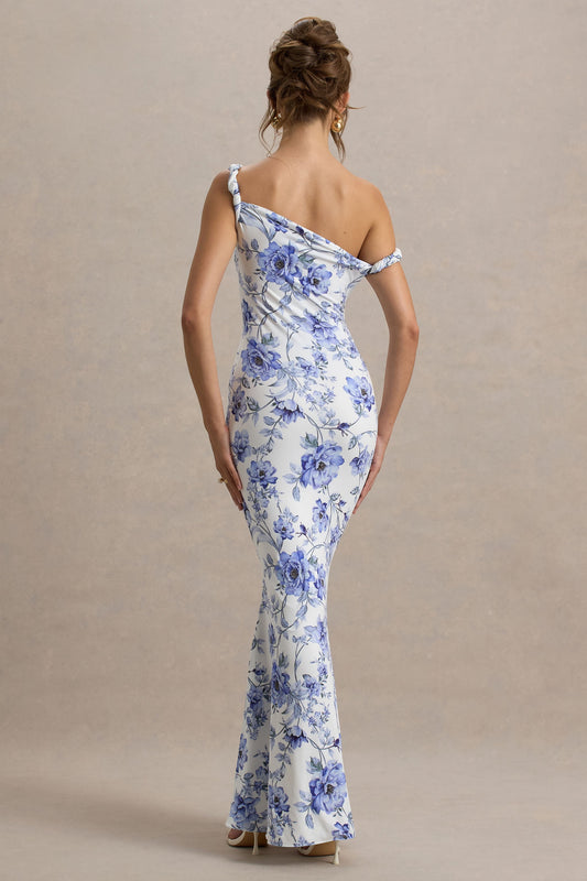Lita | Vestido largo de estampado floral entallado y asimétrico retorcido