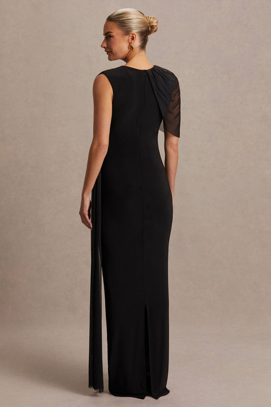 Amelise | Vestido Largo Negro con Escote Alto, Manga Tipo Capa de Tul y Detalle de Fajín