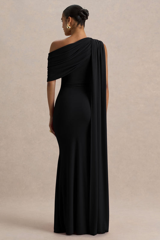 Zendaya | Vestido Largo Negro con Escote Asimétrico Cola de Pez y Detalle de Capa