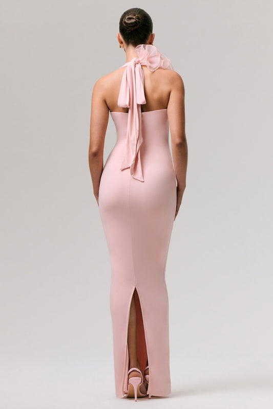 Harriet | Vestido largo rosa con escote pronunciado y detalle floral lateral