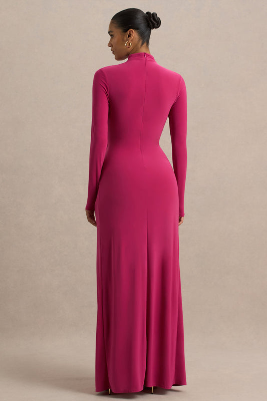 Hourglass | Vestido Largo Fucsia de Manga Larga con Escote alto, Detalle Cruzado en la Cintura y Abertura Frontal