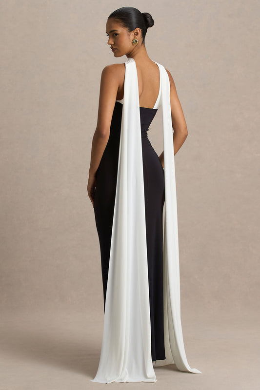 Kelilah | Vestido Largo negro y blanco con cuello bandeau y detalle de pañuelo