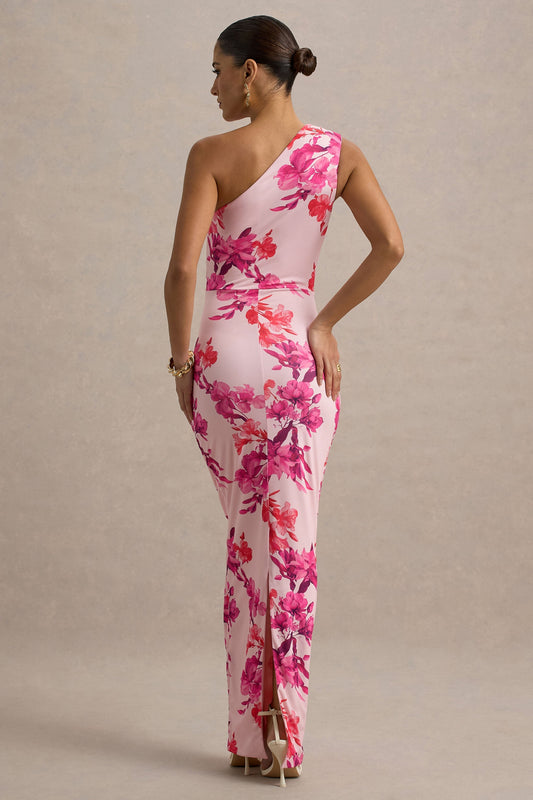 Dalarie | Vestido Largo Asimétrico con fruncido y Estampado Floral en Rosa y Naranja