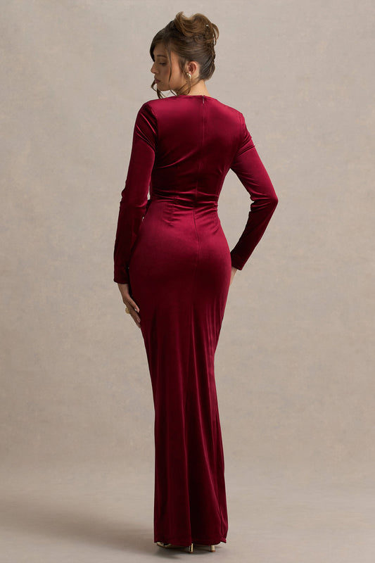 Fay | Vestido Largo Anudado Estilo Corsé en Terciopelo Color Baya