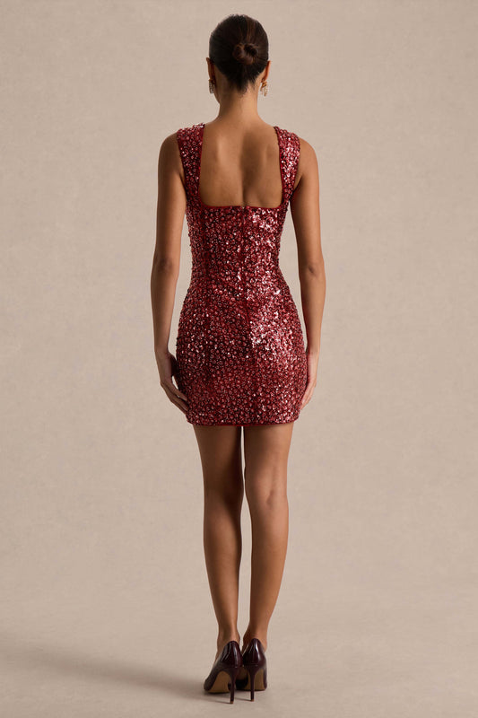 Elettra | Vestido Corto de Lentejuelas Burdeos con Escote Cuadrado