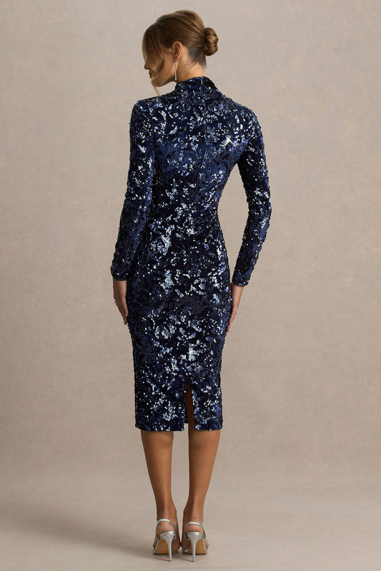 Alanita | Vestido midi azul marino de terciopelo y lentejuelas con cuello alto y mangas largas