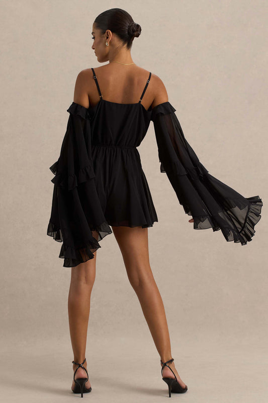 Anaya | Mono corto negro con mangas ajustables y hombros descubiertos