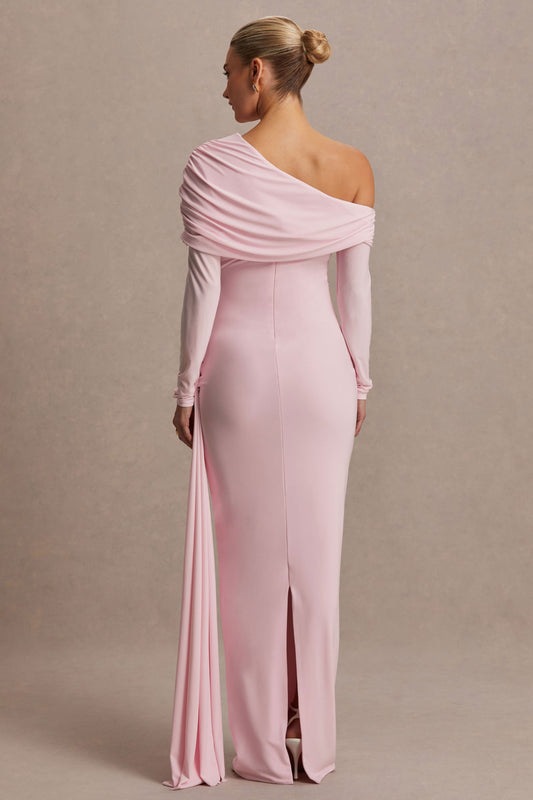 Amara | Vestido Largo Premamá Rosa Empolvado con Escote Asimétrico y Detalle de Fajín