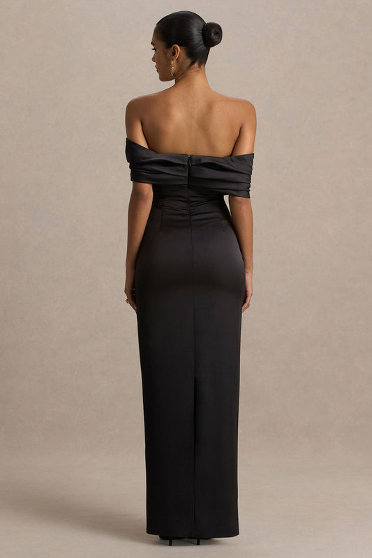 Valeria | Vestido largo de satén negro con escote Bardot retorcido