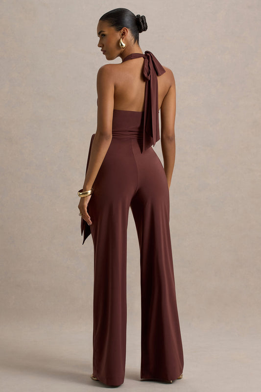 Marlais | Mono en color Chocolate con Escote Profundo y Lazo en la Cintura