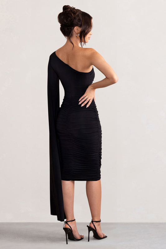 Yara | Vestido midi negro con capa asimétrico y con frunces