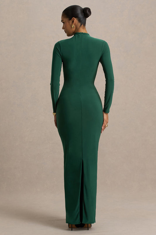 Zadie | Vestido Largo verde azulado de cuello alto con detalle fruncido