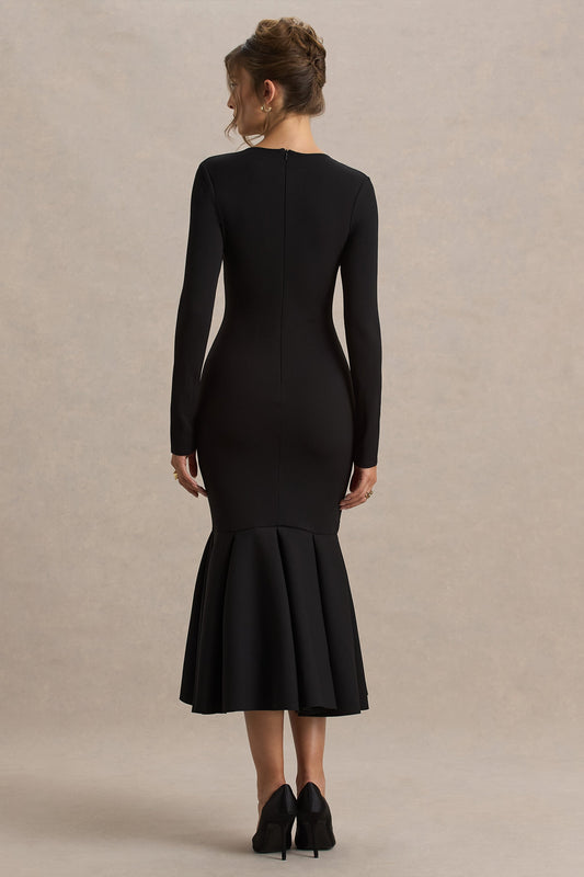 Liberty | Vestido midi negro con mangas largas y bajo con volante