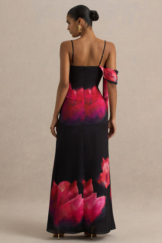Leonara | Vestido largo con detalle de flor rojizas y una manga drapeada
