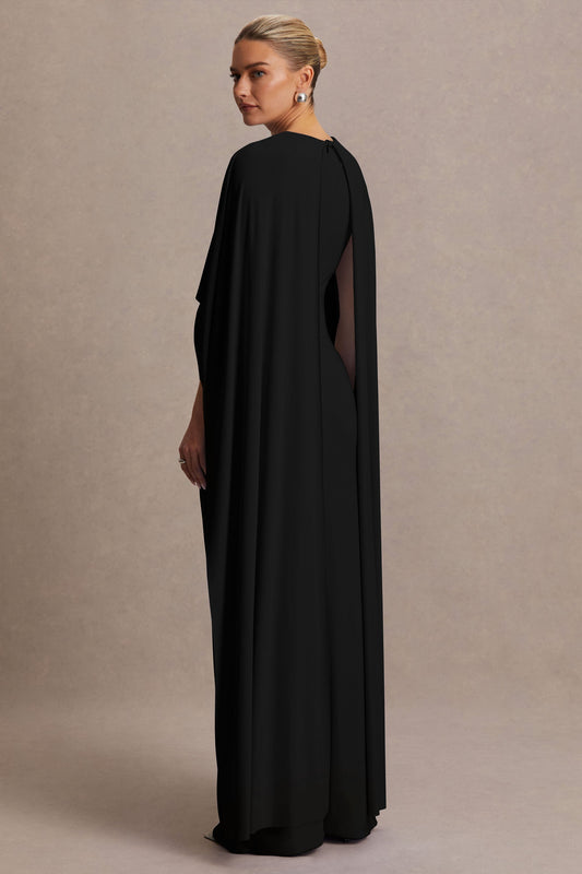 Padma | Vestido Largo Premamá Negro Drapeado con Mangas Capa