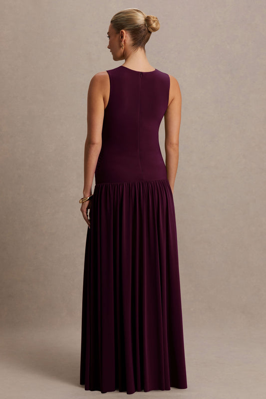 Outline | Vestido Largo Premamá Burdeos de Cuello Alto con Falda Drapeada