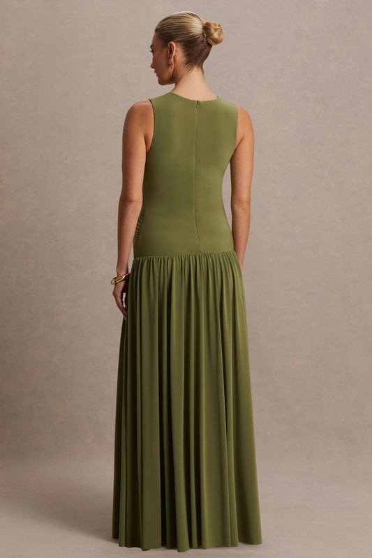 Outline | Vestido premamá largo color oliva con cuello alto y falda drapeada