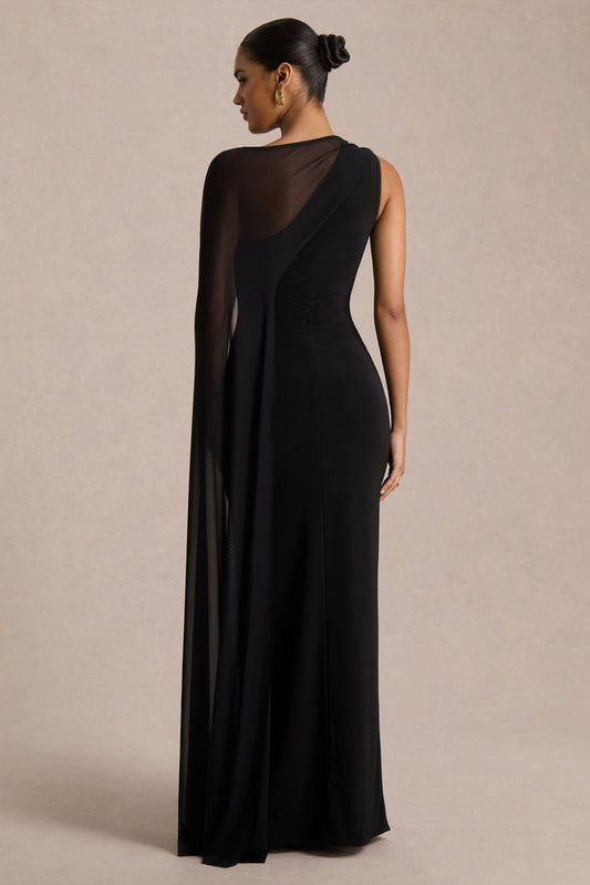 Mirelle | Vestido Largo negro con escote asimétrico y manga-capa transparente