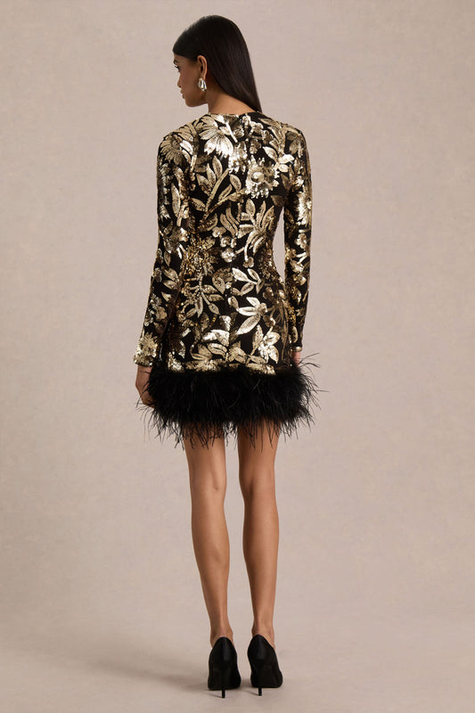 Lara | Vestido Corto de Lentejuelas en Negro y Dorado, Cuello Alto y Bajo con Plumas