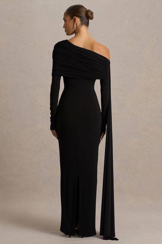 Octavia | Vestido Largo Negro Con Escote Bardot Capa Y Detalles Fruncidos