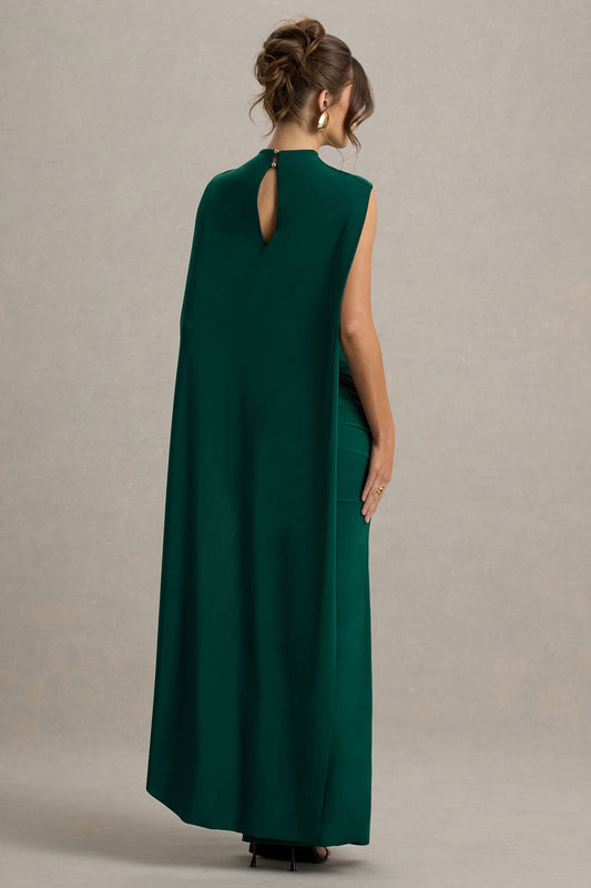Maeve | Vestido largo Verde Botella con Manga Capa Drapeada