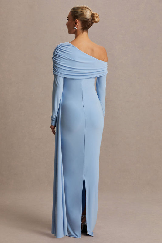 Amara | Vestido Largo Azul Celeste con Escote Asimétrico y Detalle de Fajín