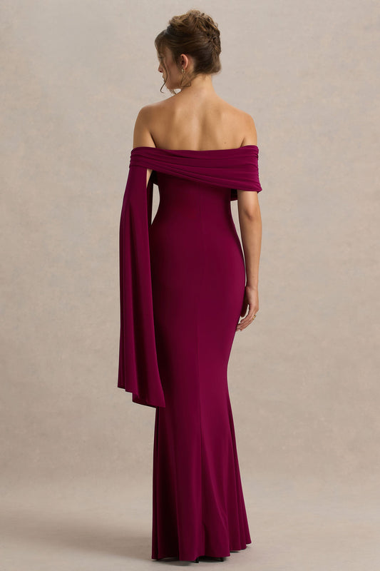 Saffina | Vestido Largo Burdeos con Escote Bardot y Detalle de Fajín