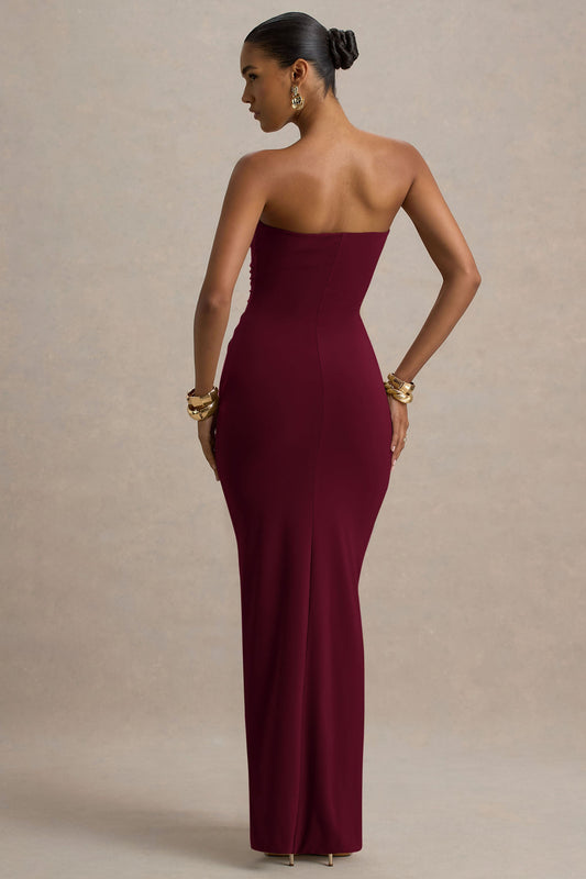 Ali | Vestido Largo Burdeos con Escote Corazón, Drapeado y Lazo