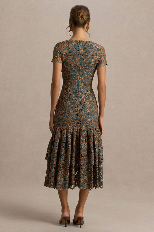 Sabrina | Vestido Midi Bordado en Verde Oscuro y Óxido con Escote Pronunciado