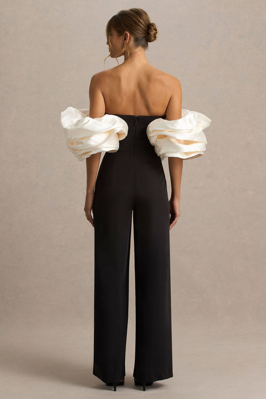 Panama | Mono Negro Con Escote Bardot y Mangas Abullonadas en Crema