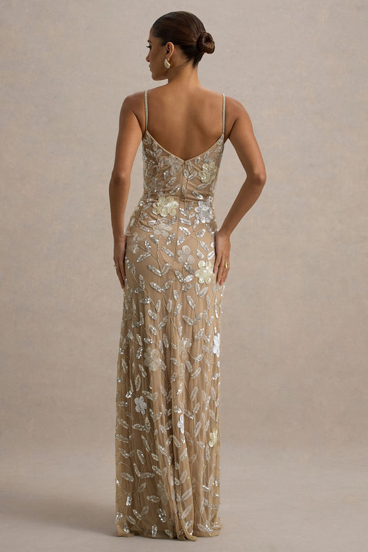 Gecorto | Vestido largo con Tirantes finos y Estampado Floral Embellecido de lentejuelas