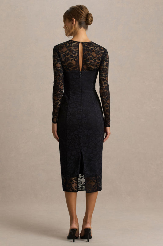 Alissa | Vestido midi de encaje negro con escote cuadrado