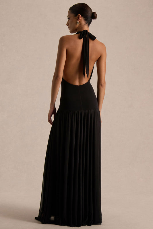 Verity | Vestido largo negro de cuello en V profundo con falda transparente