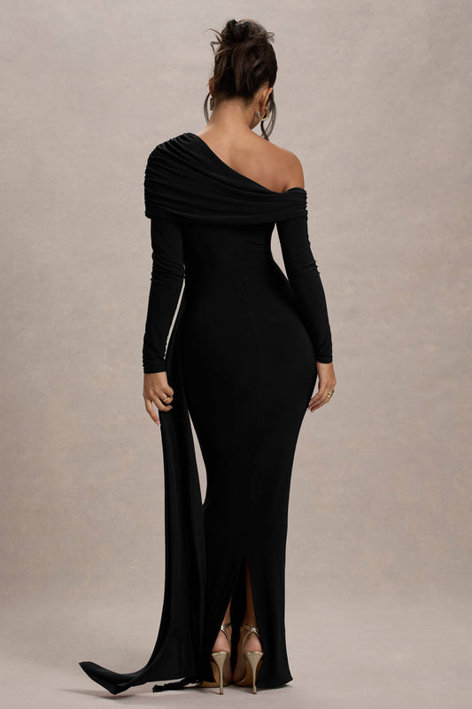 Valina | Vestido largo negro con escote asimétrico y drapeado