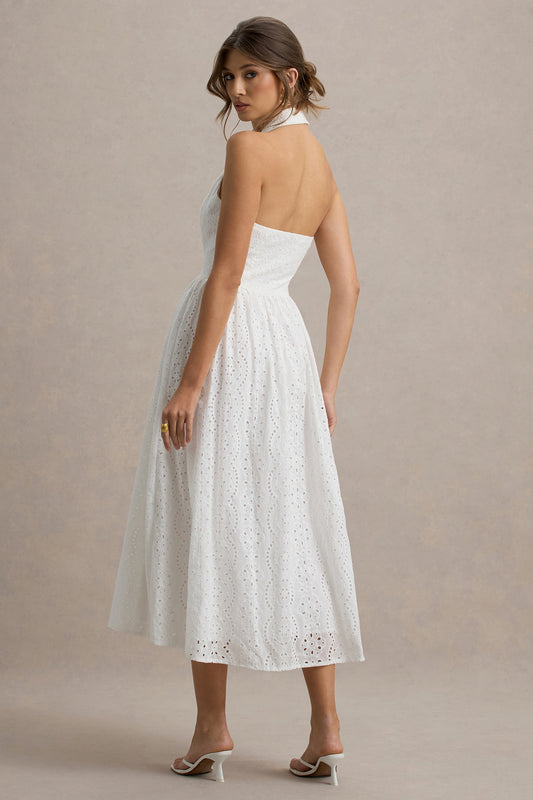 Jezebel | Vestido midi bordado blanco con escote halter