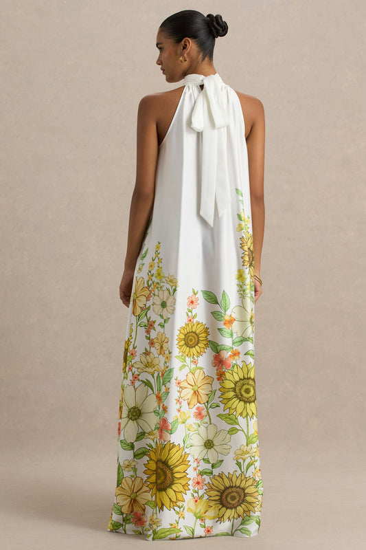 Glide | Vestido largo satinado con detalle de cuello con lazo y estampado de girasoles