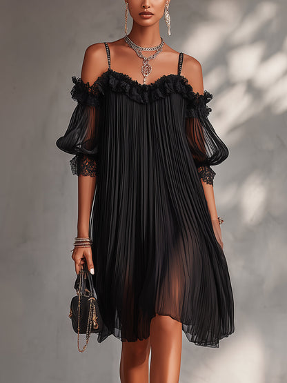 Livia | Schwarzes Off-Shoulder Chiffon-Minikleid mit Spitze