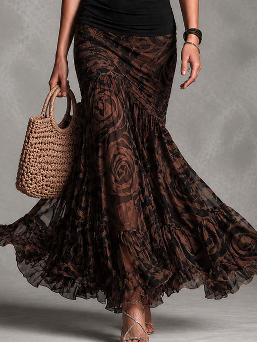 Rossana | Elegante Conjunto de Dos Piezas con Top Halter Negro y Falda Maxi de Mesh Floral