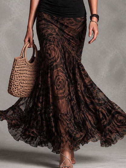 Rossana | Elegante Conjunto de Dos Piezas con Top Halter Negro y Falda Maxi de Mesh Floral
