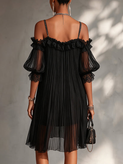 Livia | Schwarzes Off-Shoulder Chiffon-Minikleid mit Spitze