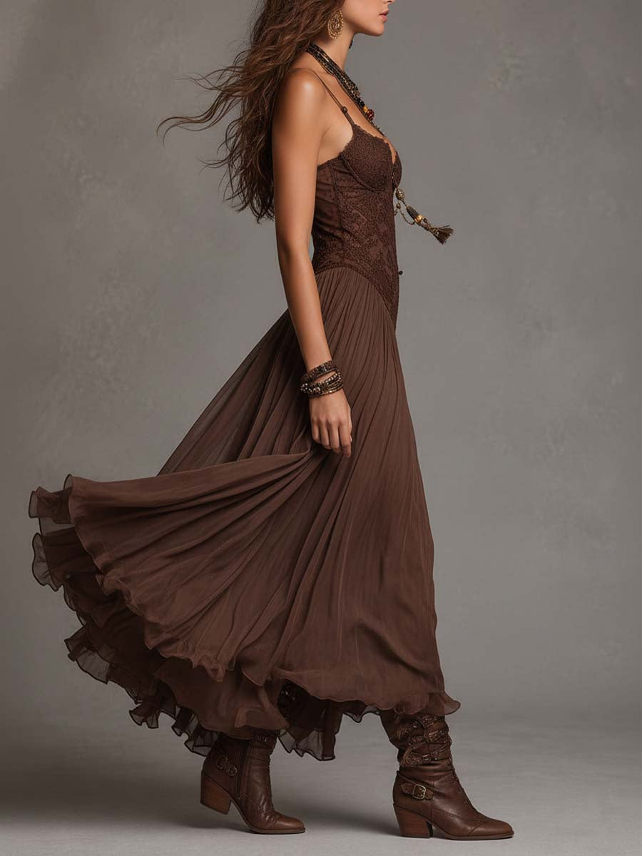 Federica | Vestido de Encaje y Chifón — Marrón Intenso