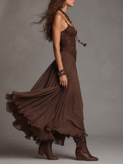 Federica | Vestido de Encaje y Chifón — Marrón Intenso