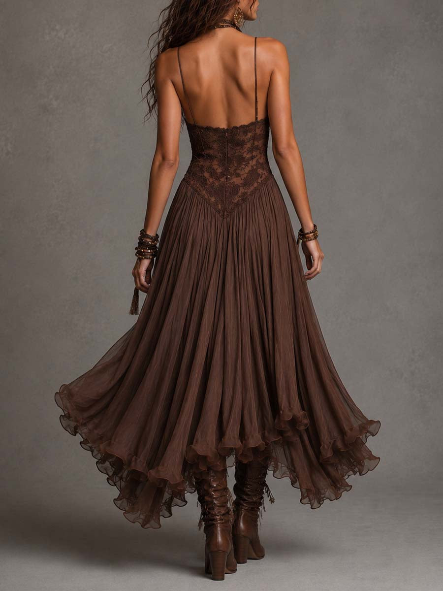 Federica | Vestido de Encaje y Chifón — Marrón Intenso