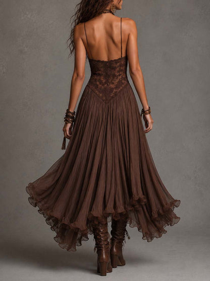 Federica | Vestido de Encaje y Chifón — Marrón Intenso
